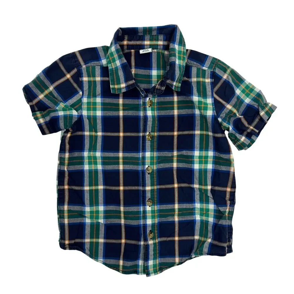 Old Navy Blue Plaid Short Sleeve Button Down Shirt Size 4T Cotton